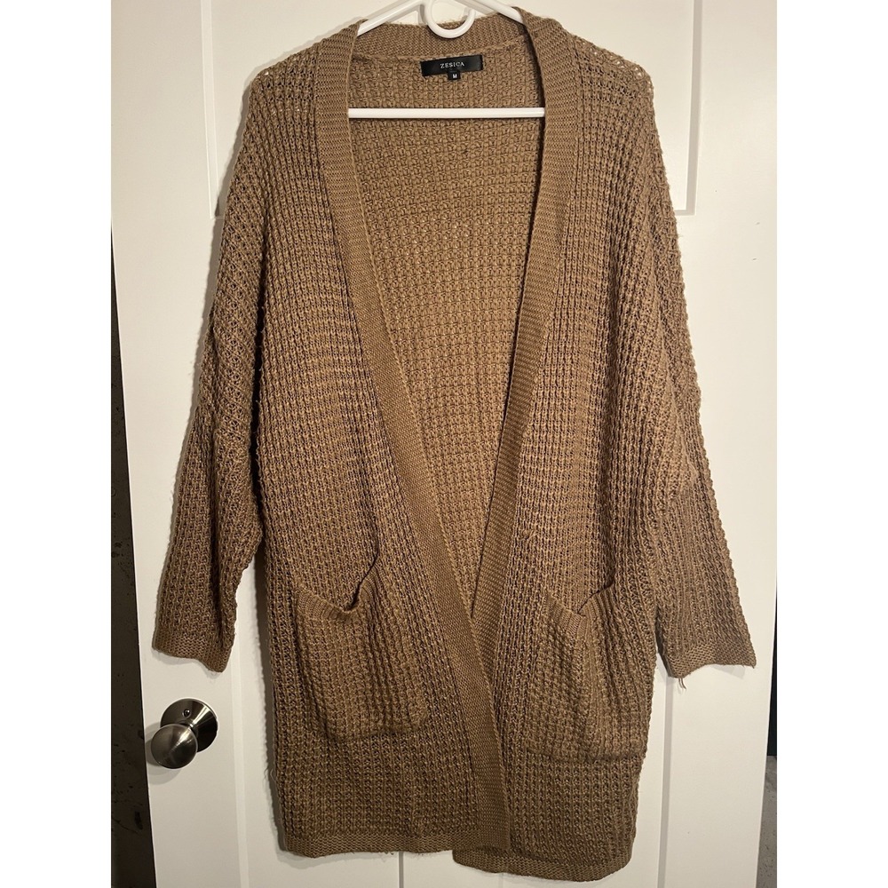ZESICA Chunky Knit Cardigan Sweater Womens Medium M Tan Brown Open Front